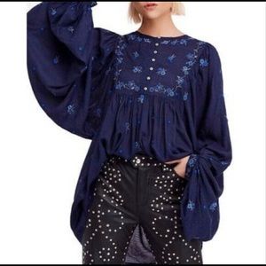 Free People Peasant Blouse Navy Blue